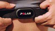 The Polar H10 heart rate monitor shown close up