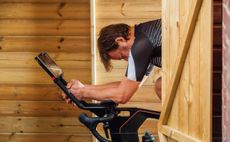 Steve Shrubsall training in his shed on his Wattbike