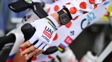 Tadej Pogacar wearing his Richard Mille watch and the Polka dot Mountain Jersey prior to Stage 3 of the 112th Tour De France in 2026.
