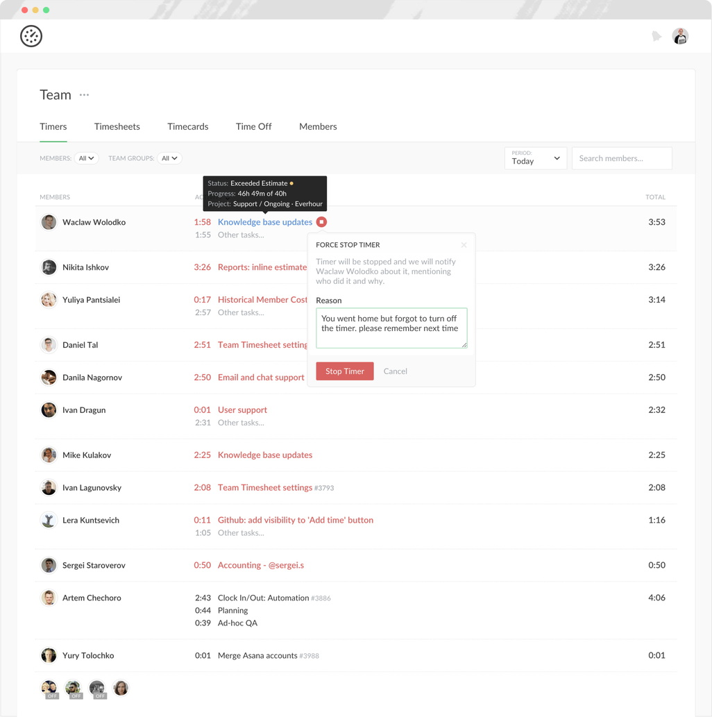 everhour time clock app team timers