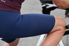 close up of Castelli's Premio Evo bib shorts in blue