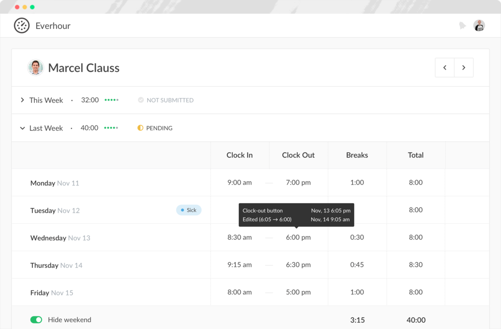 everhour time clock app employee timecards