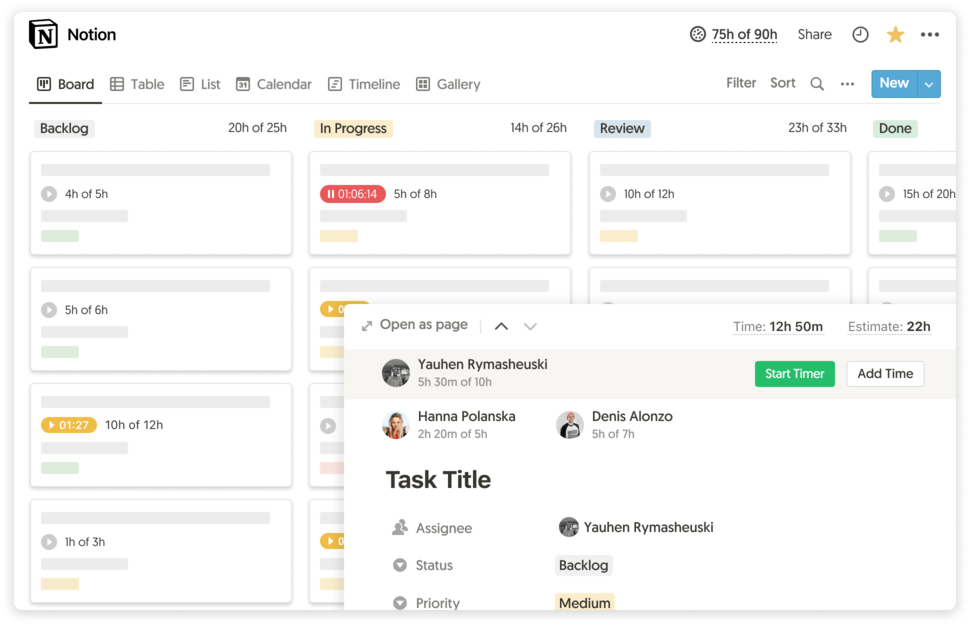 Time tracking and estimates inside Notion